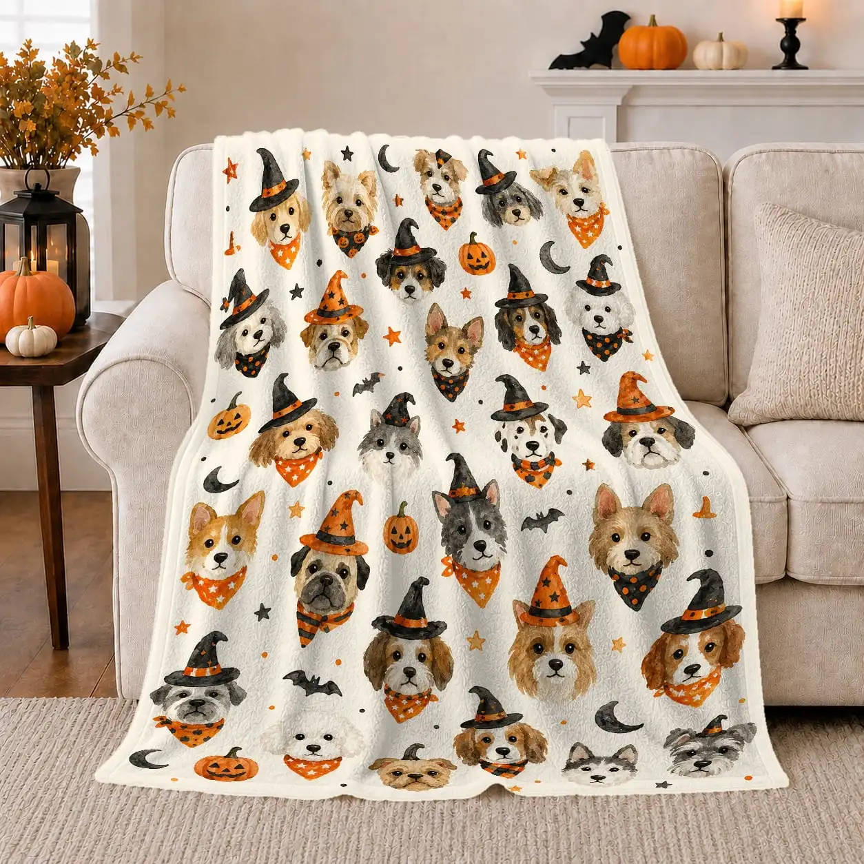 Dogs and Cats in Witch Hats with Pumpkins, Cheerful Holiday Style for Pet Lovers, Spooky Pet Portraits and Halloween Gift
