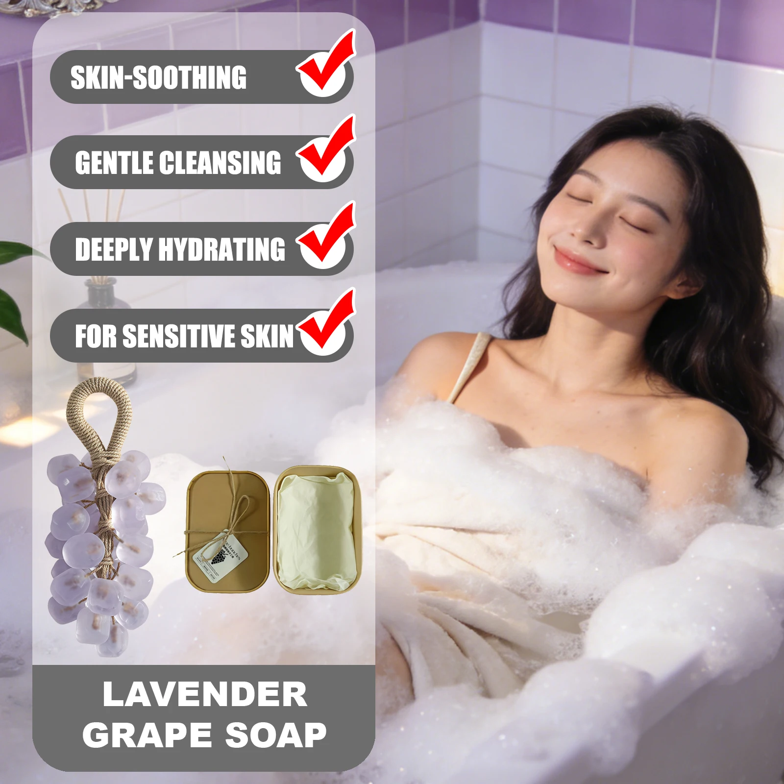 

OUHOE Lavender Grape Soap Gentle Formula Calming Mood Soothing Skin Relieving Fatigue Easy To Store Slow-Dissolving