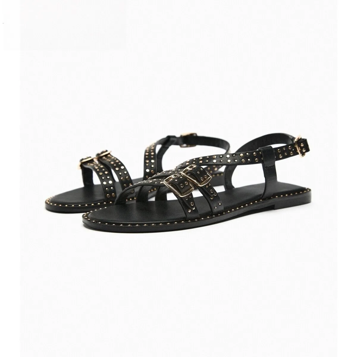 

2024 French Retro~Giant Soft Cow Belt Buckle Roman Sandals Women's Open Toe Riveted Rear Tripping women Flat Shoes