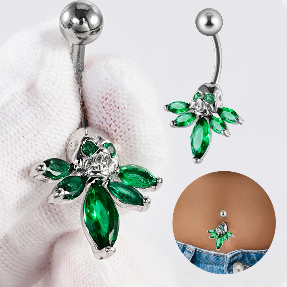 1-2PCS Punk Grün Mariquesa Zirkonia Skeleton Schädel Bauchnabel Ring 14g Chirurgenstahl Bauch
