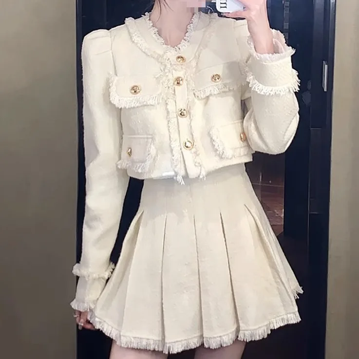 

Elegant French Style Tweed Suit Jacket Skirt 2-Piece Set Autumn/Winter New Arrival Trendy Cropped Jacket Skirt Set For Socialite
