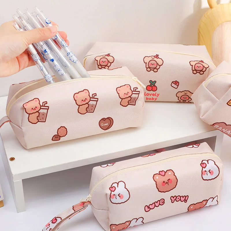 Cartoon Little Bear Canvas Pencil Case Large Capacity Pencil Case Desktop Stationery Organizing Storage Bag