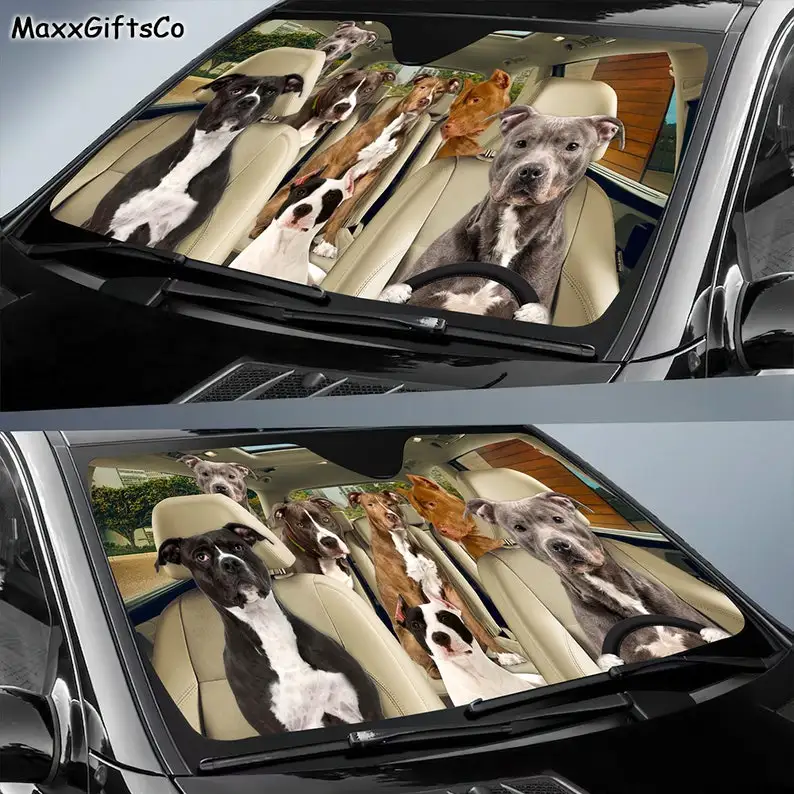 Pit Bull Terrier Car Sun Shade, Dogs Windshield, Dogs Family Sunshade, Dogs Car Accessories, Car Decoration, Gift For Dad, Mom