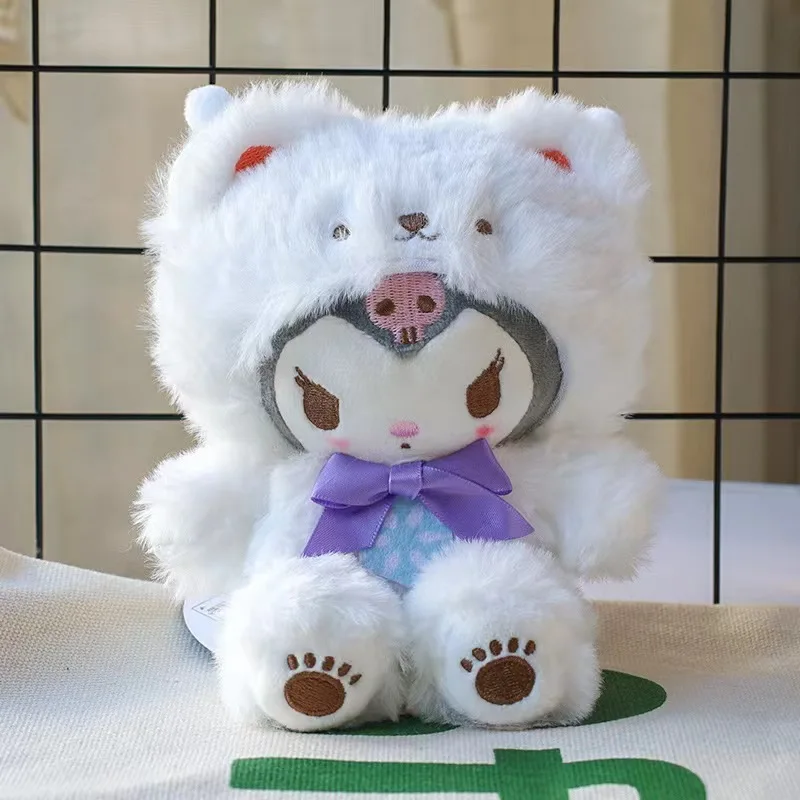 Sanrio Hello Kitty My Melody Kuromi Cartoon Winter Day White Bear Set Bow Tie Soft Plush Pendant Backpack Decoration Couple Gift