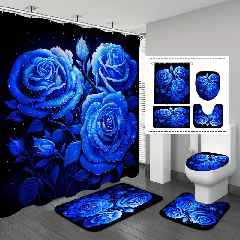 1/4pcs Waterproof Polyester Fabric Elegant Blue Rose Shower Curtain Set, Romantic Floral Bathroom Sets with 12 Hooks and Rugs