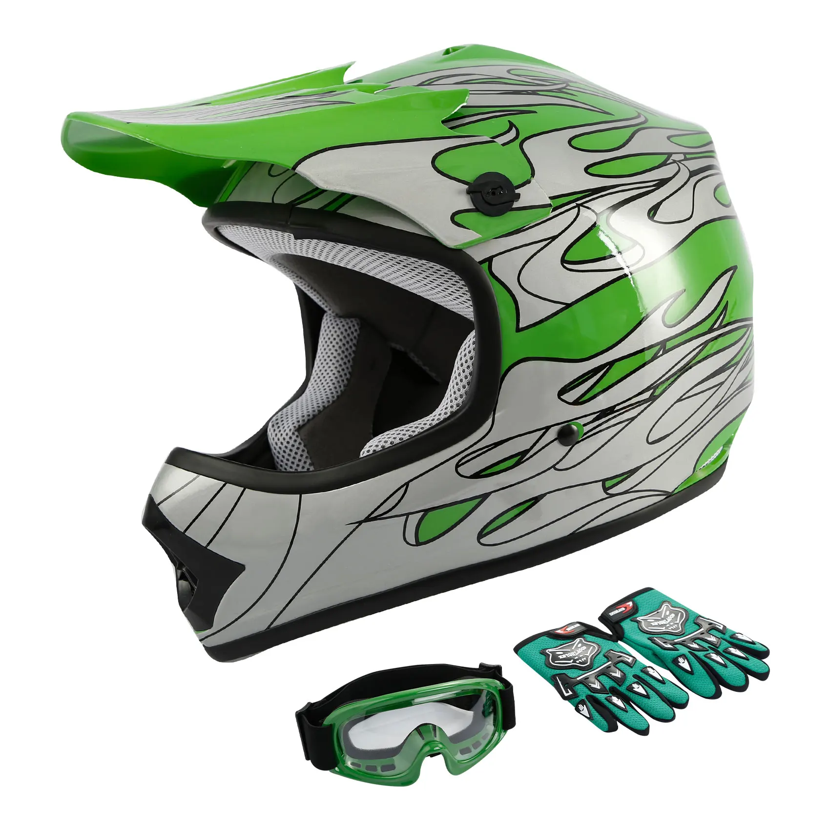 

DOT Youth Kids Green Dirt Bike ATV Motocross Helmet Goggles+Gloves S M L XL