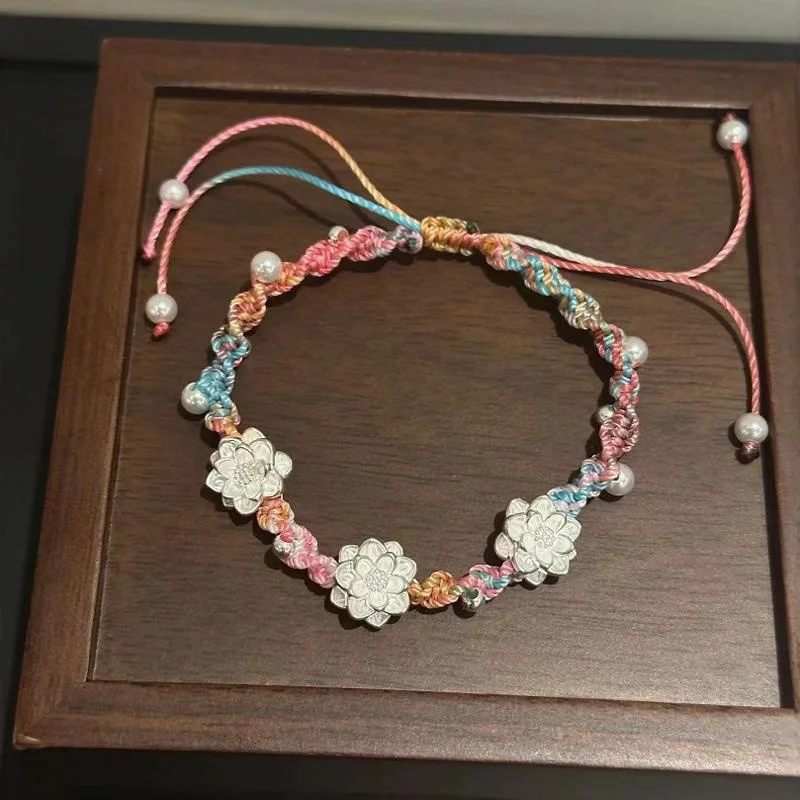 S999pure silver lotus bracelet, elegant temperament hand woven seven color hand rope accessory for Valentine's Day birthday gift