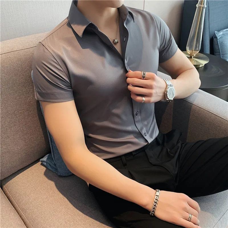 

Summer Thin Ice Silk Men's Shirt Short Sleeve Slim Fit Versatile Business Casual High-End Feeling White Shirt Trendy PU Leather