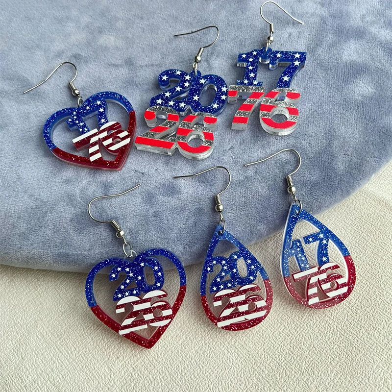 20pairs American Independence Day Earrings 250th Anniversary Acrylic Love Water Drop Digital Double Layer Earrings  wholesale