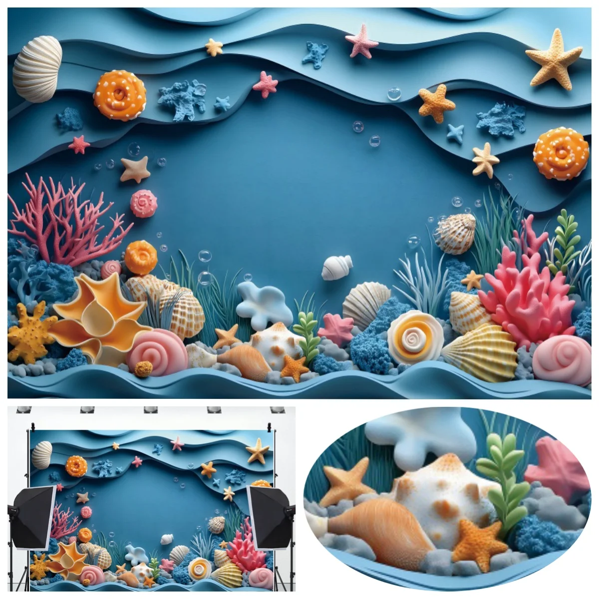 Ocean Theme Backdrops Underwater World Shell Coral Kids Birthday Party Cake Smash Decorations Portrait Photography Background