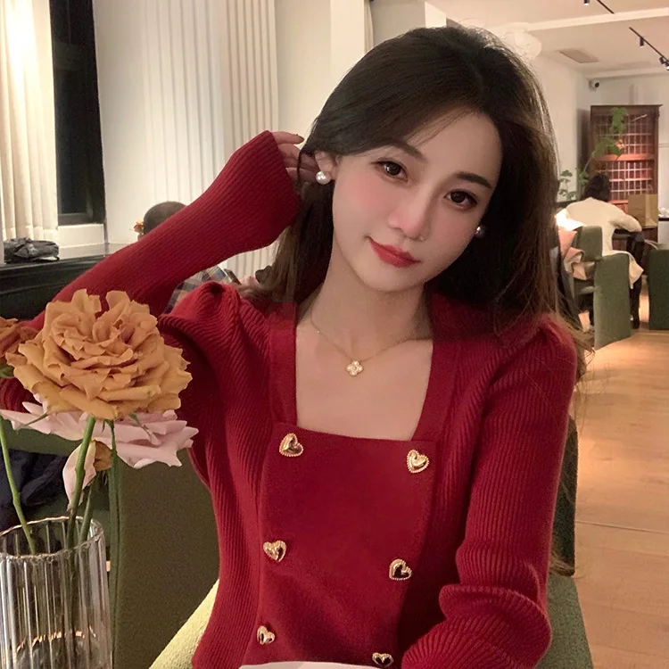 Temperament Red Knitted Sweater Autumn/Winter Korean Edition New Top Fashion Square Neck Knitted Sweater