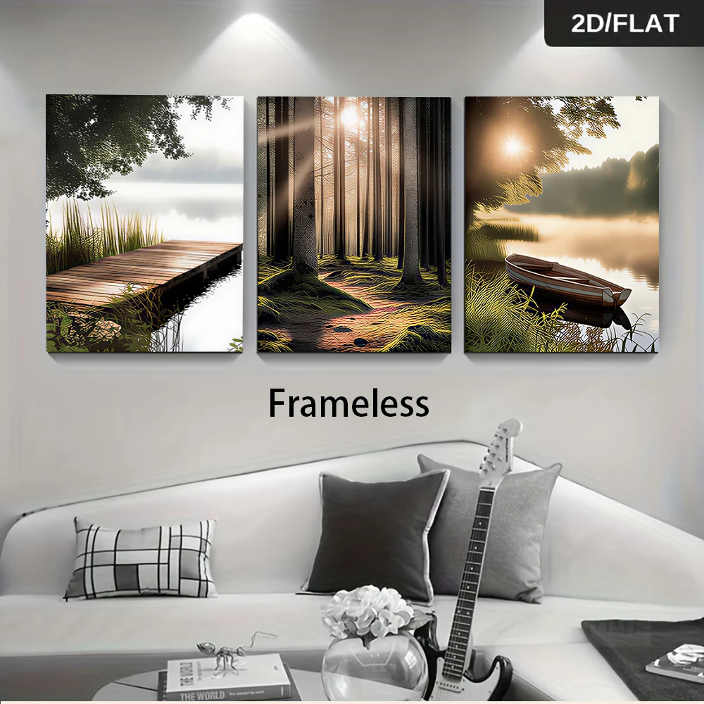 1 set of three-panel frameless paintings: Forest, Sunshine, Lake, Boat, Modern Minimalist Decorative Painting, 2D Flat Design