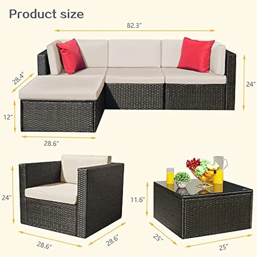 6 Pcs Patio Furniture Sectional Outdoor All Weather PE Rattan Wicker Lawn Conversation Cushioned Garden Sofa Set w/ Coffee Table