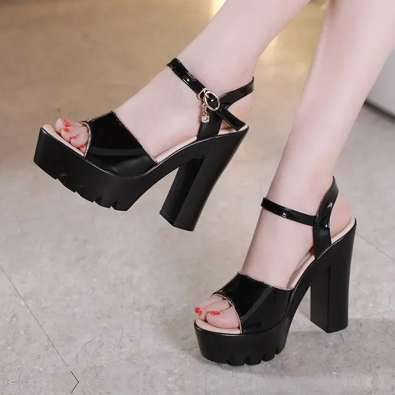 10cm 13cm Small Size 32-43 Thick Bottom Patent Leather Sandals Chunky Platform Shoes 2025 Block High Heels Sandals Dress Model view 3