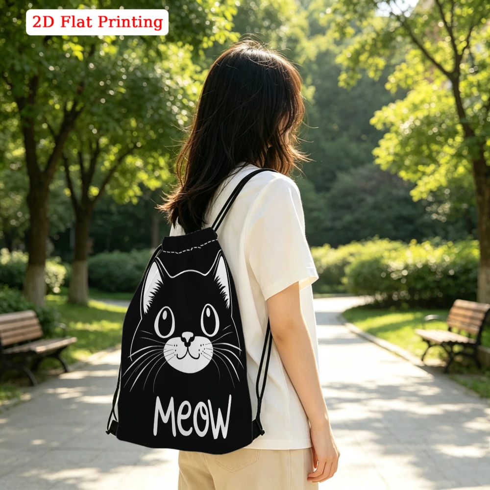 Cute Cartoon Style, Drawstring Backpack, Black Cat Meow 2D Flat Printing, Fitness Sports Bag, Outdoor Travel Drawstring Pack