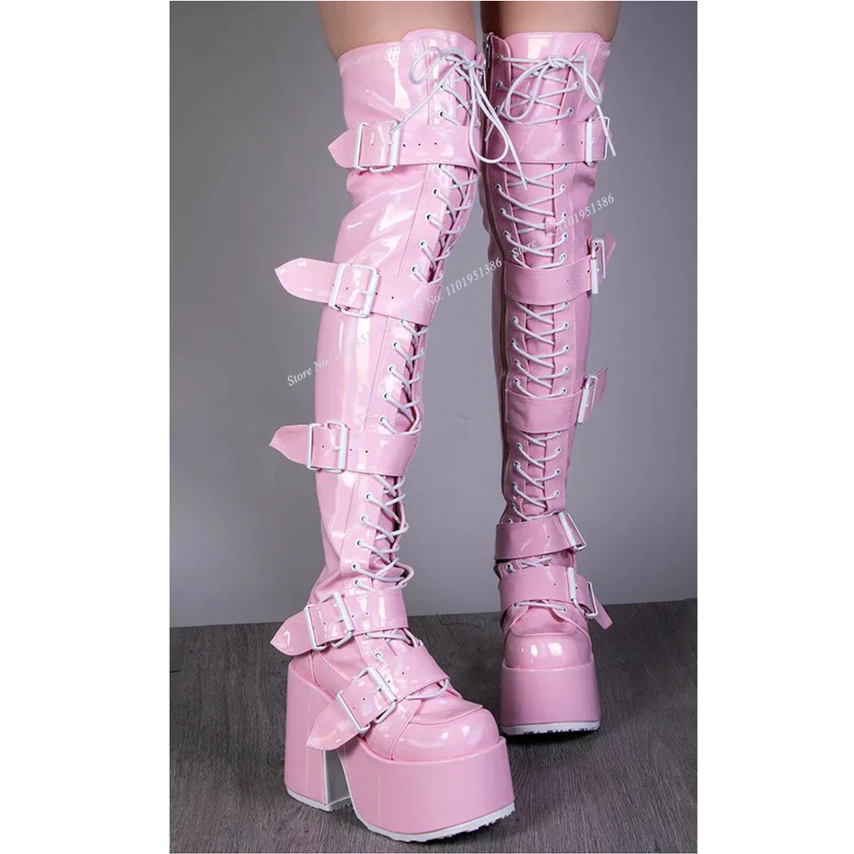 Abesire Pink Thick Heel Platform Boots Lace up Boots Buckle and Zipper Decor Shoes for Women High Heel Fashion apatillas Mujer