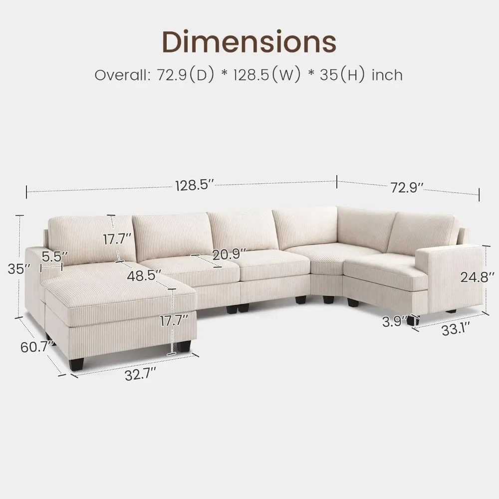 Sectional Sofa with Storage Ottoman, U Shape Sectional Couch Corduroy Modular Sectional Couches for Living Room, Beige