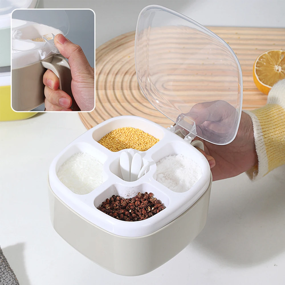 

4 In 1 Plastic Seasoning Box with Spoons Transparent Jar Multi Compartment Herb Spice Pots Kitchen Condiment Storage Container