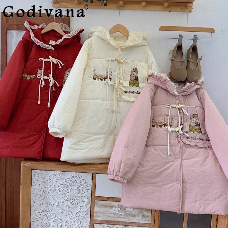 

Mori Girl Cla Sweet Lolita Mid-Length Down Parkas Winter New Women's Loose Warm Parkas Japanese Korean Cute Embroidered Jacket