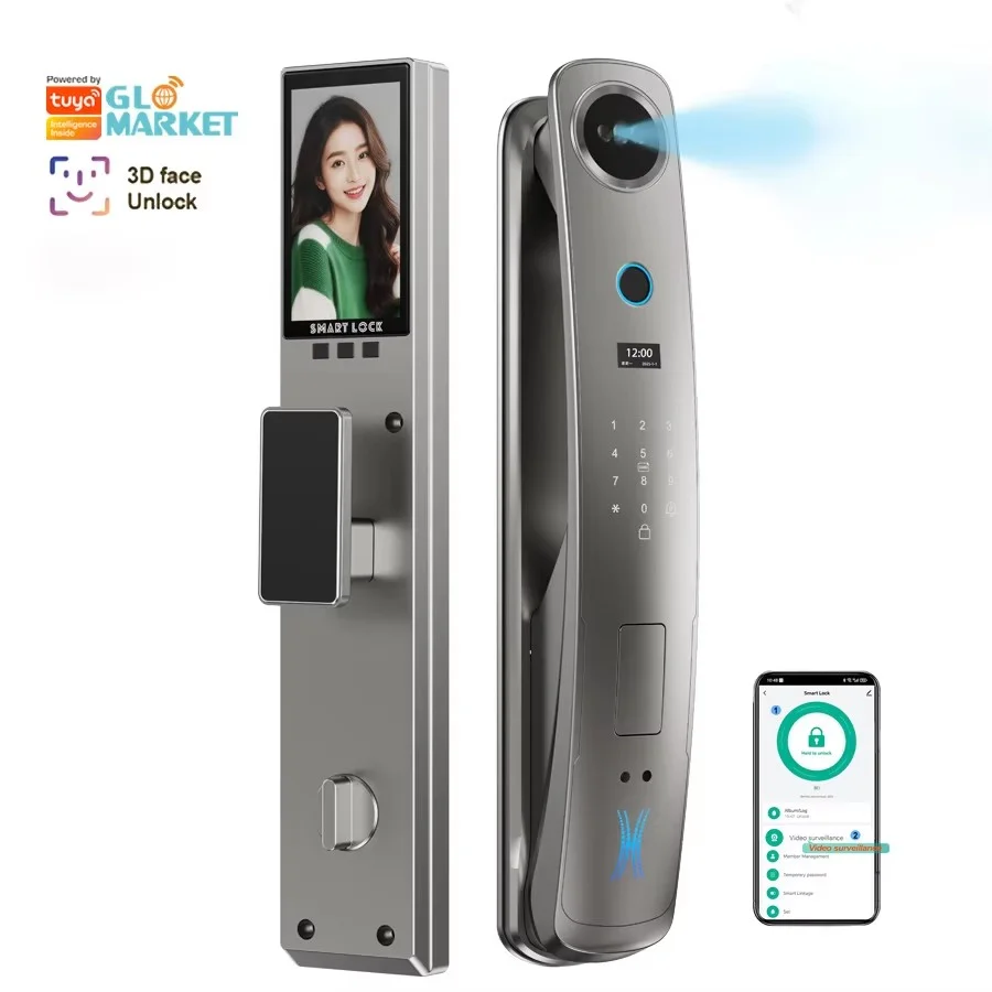 

Glomarket Fully Automatic Wifi Tuya App Face Recognition Biometric Fingerprint Smart Door Lock With Camera Digital Locks