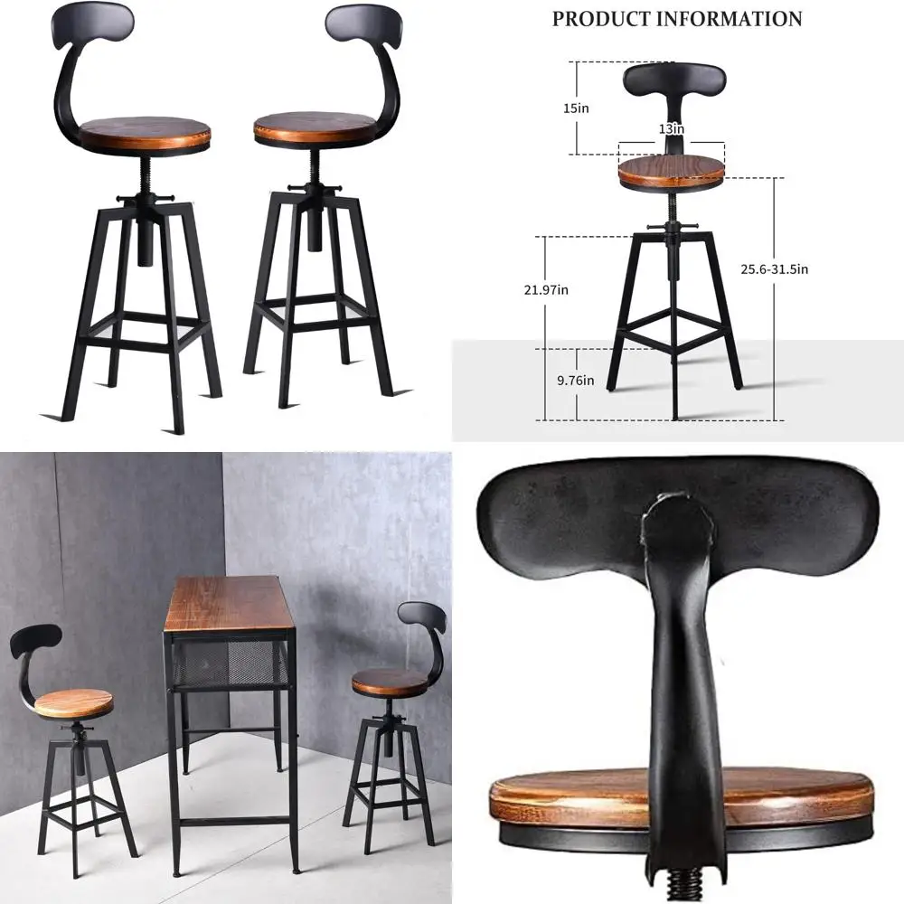 Taburetes de bar giratorios de estilo industrial con asientos de madera, altura ajustable de 25 a 32 pulgadas para comedor con isla de cocina