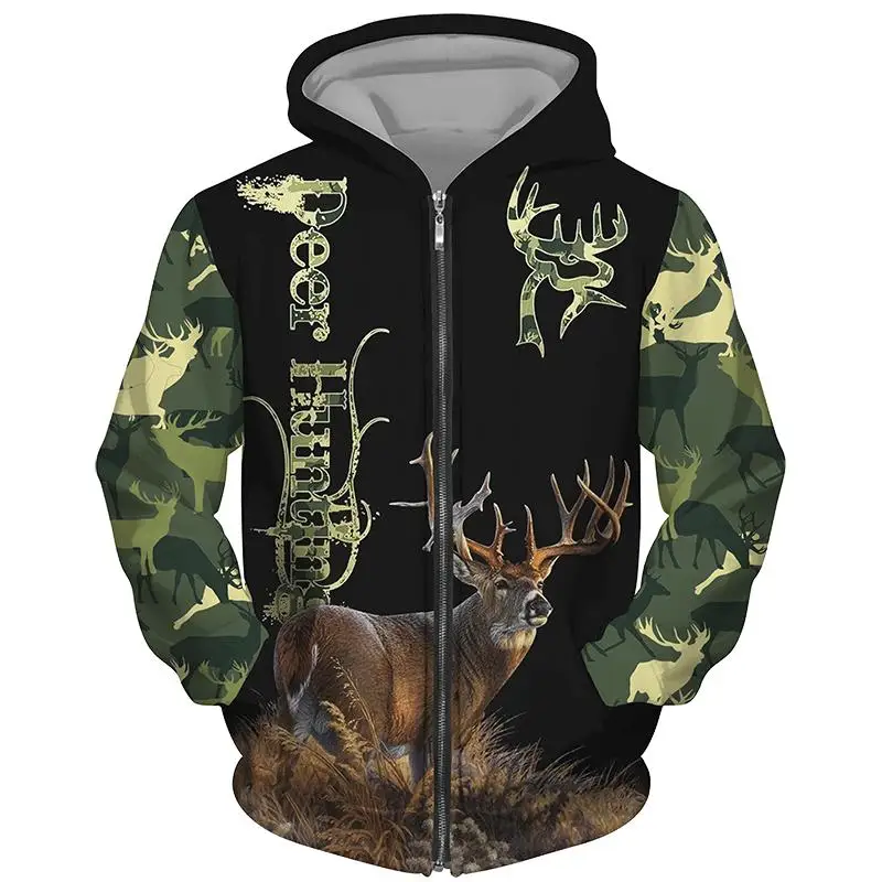 Bow Hunting Deer Camo 3D Printed Zipper Hoodies Men Women Fashion Camo Hooded Oversized Zip Up Sweatshirts Man Tracksuits