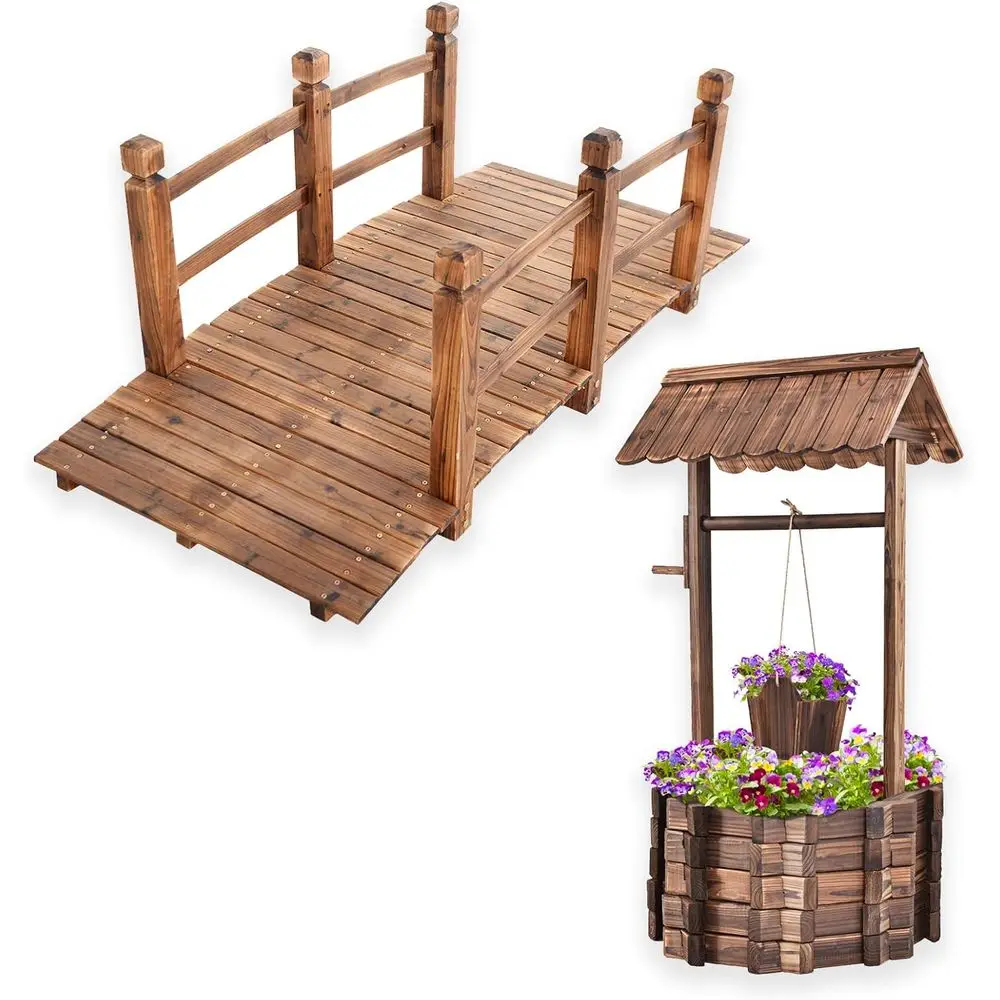 

Деревянный садовый мост-арка с покрытием 5T, защитными перилами, для патио, двора, пруда, а также набор для посадки растений с колодцем желаний