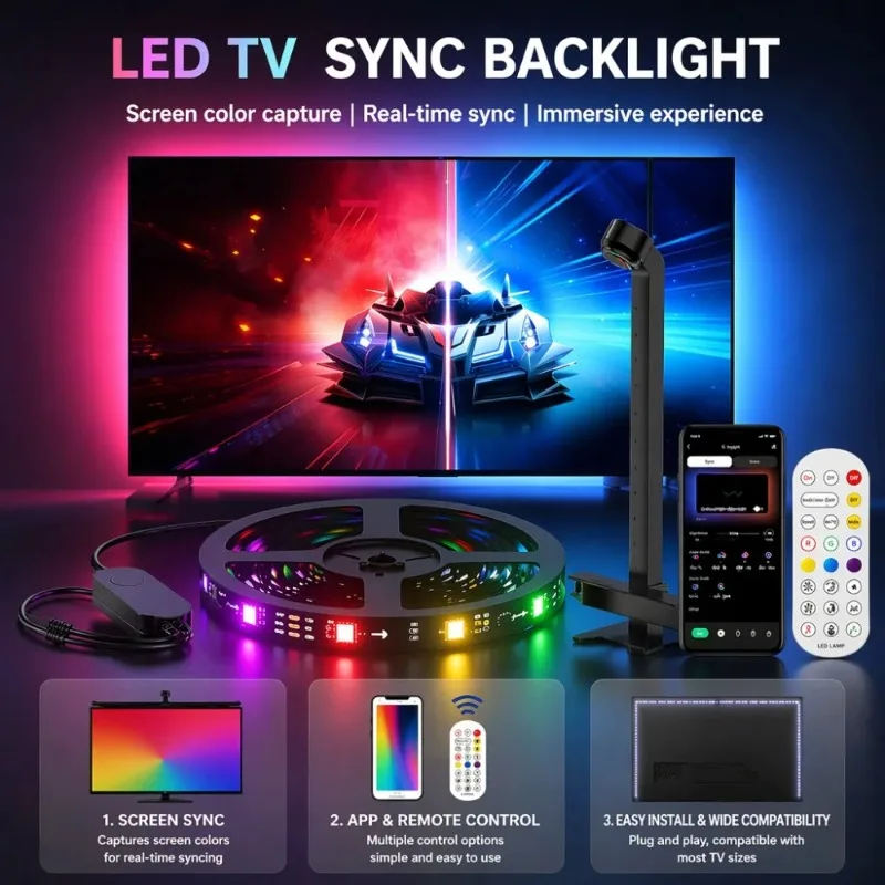 tv-sync-backlight-led-strip-light-usb-flexible-ribbon-diode-tape-with-rgbic-color-capture-sensor-bluetooth-app-remote-control