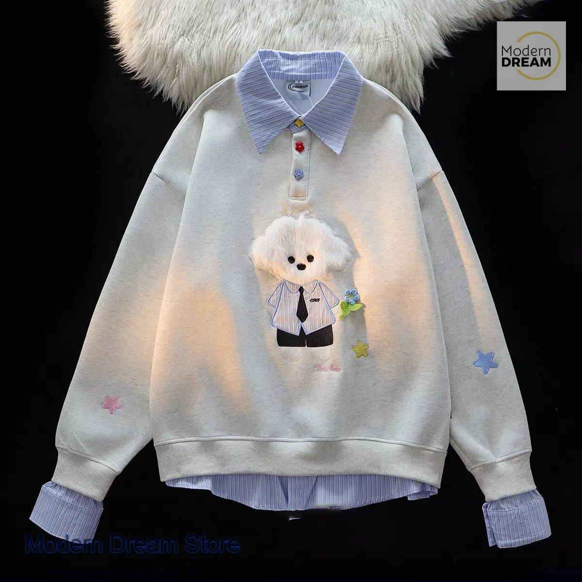 

American retro college style cute plush puppy fake two POLO neck sweater women's spring and autumn new lazy loose couple coat