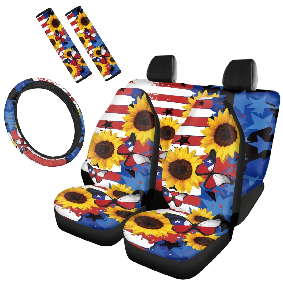 American Flag and Sunflower Butterfly Full Set Car Interior Accessories Protection Car Seat Cover Universal Steering Wheel Cover