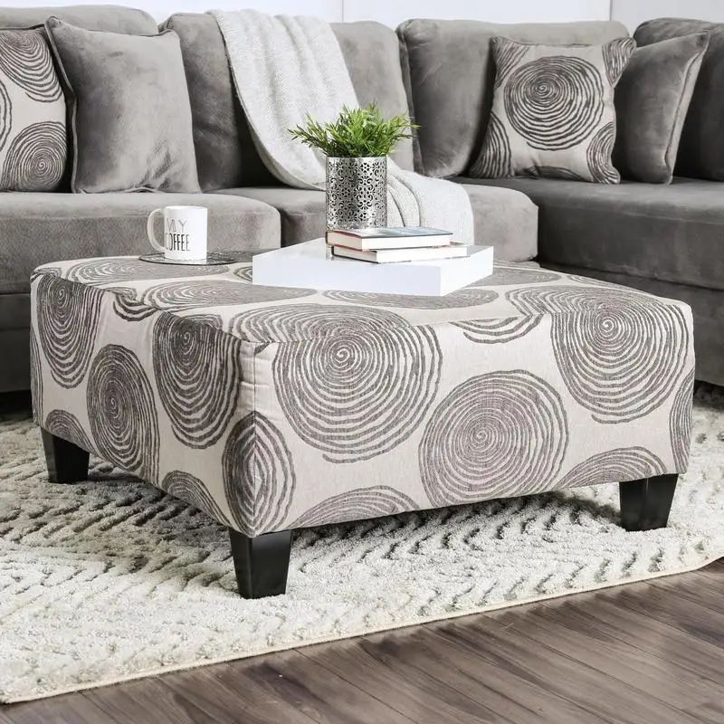 

Oversized Transitional Gray Patterned Square Upholstery Ottoman with Bun Legs