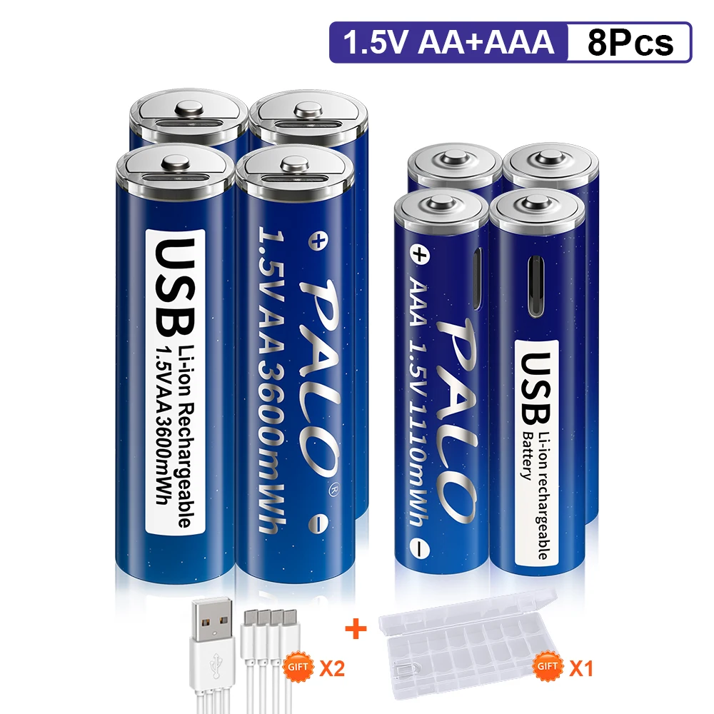 PALO 1.5V AA and AAA Rechargeable battery USB battery AA3600mWh /AAA1110mWh Rechargeable li-ion Lithium batteries aa aaa battery