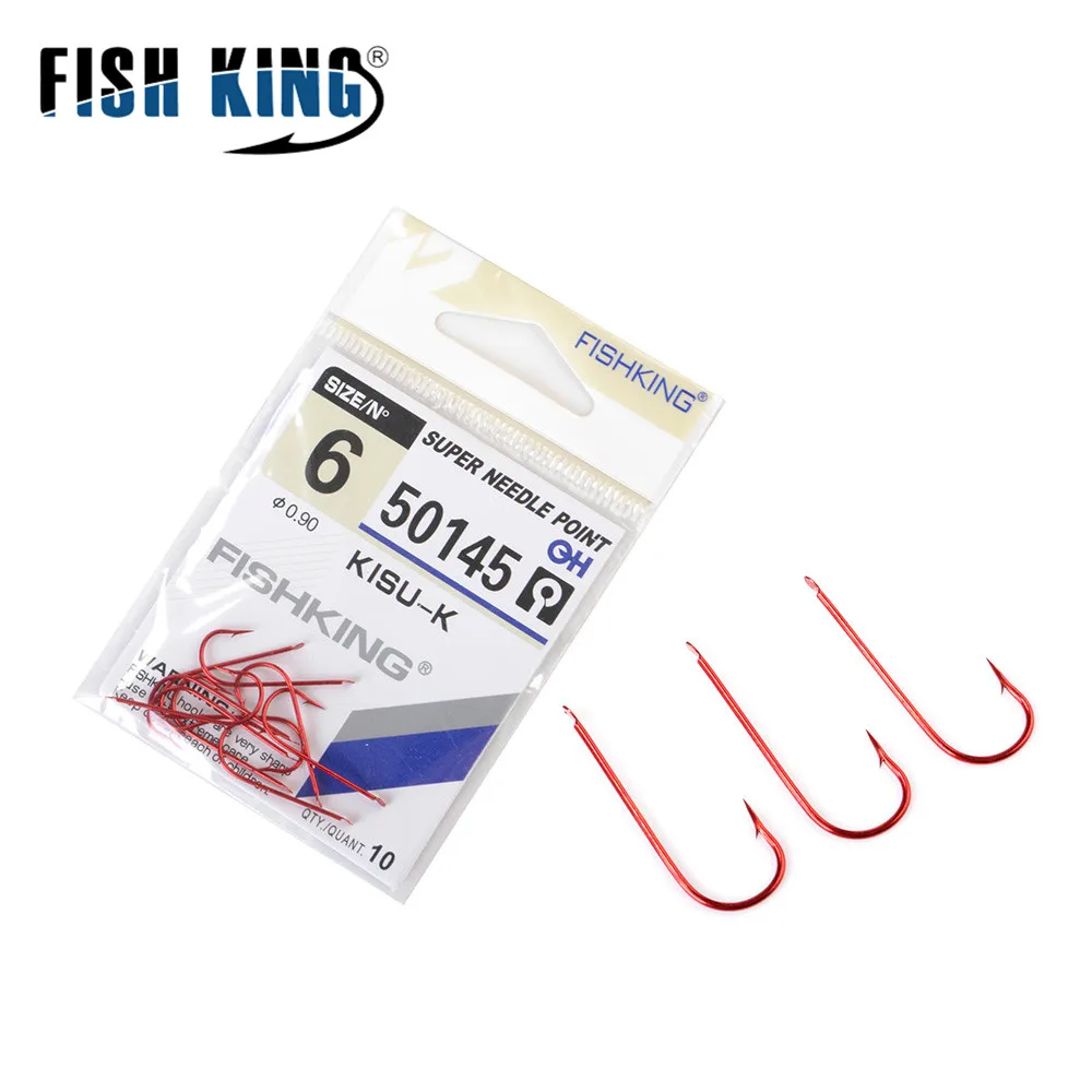 FISH KING 50Pcs Long Red Fishing Hook 6#-16# Barbed Fishhook High Carbon Steel Fishhook Bent Baitholder Ringed Carp Hook Tackle