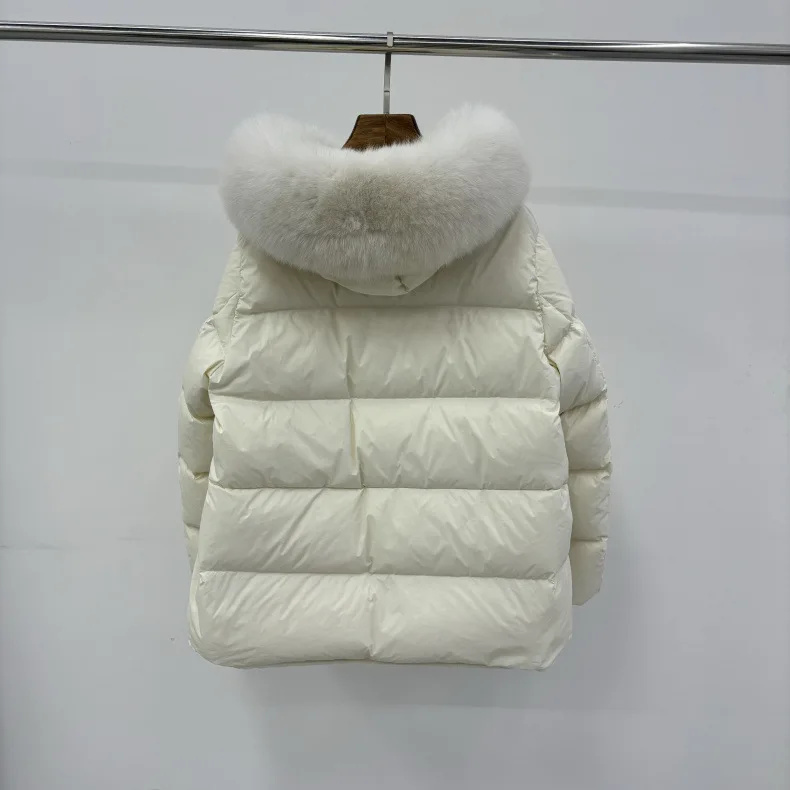 Schinteon Women 100% Real Fox Fur Collar White Duck Down Jacket with Hood Autumn Winter Warm Casual A-lined Warm Outwear Cape