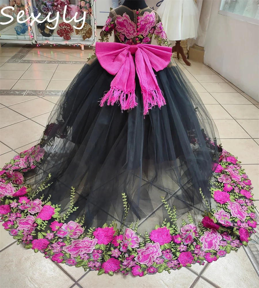 Princess Black  Flower Girls Dress 2025 Mexican Charro Mariachi Toddler Escaramuza Kid Pageant Dress Flowers Birthday Customized