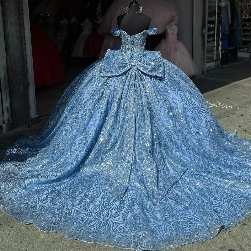 Vestido de quinceañera de princesa azul cielo brillante, vestido de baile sin hombros, apliques de purpurina, cuentas de cristales de encaje, Tull dulce, 15. °