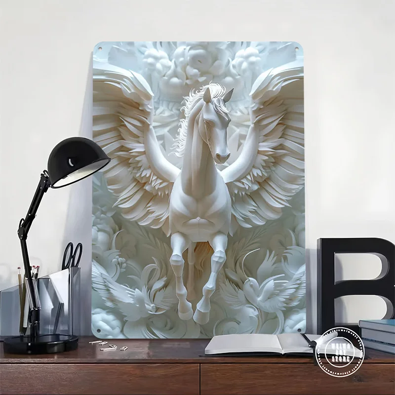 Paper Pegasus White Horse Wings Tinplate Posters Customizable Wall Art Retro Vintage Metal Signs for Home Room Decoration Gaming