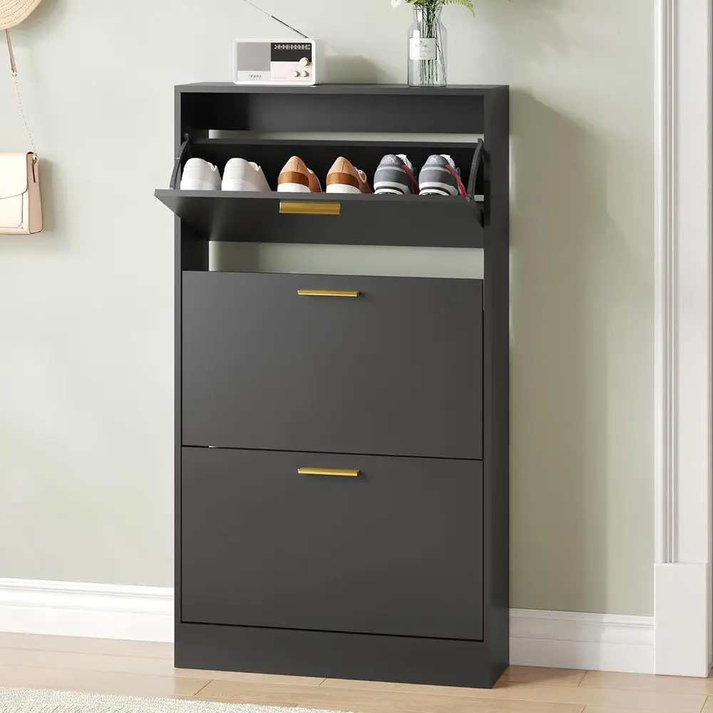 

Large Freestanding White Shoe Cabinet with 2 Lip Doors and Open Shelves for Entryway Storage