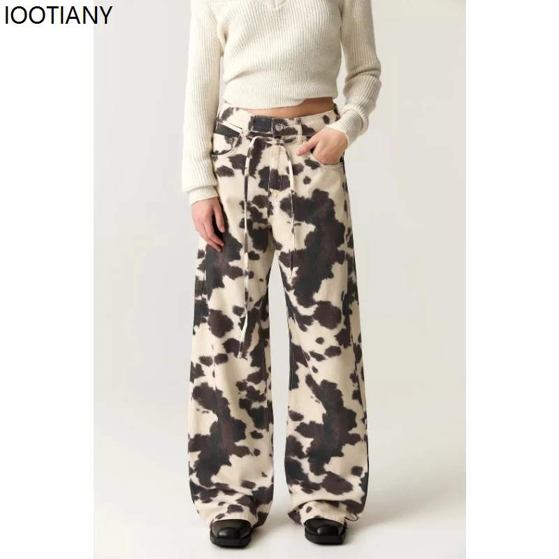 

Vintage Cow Print Women's Jeans Y2k Washed Tie-dye Wide Leg American Straight Jeans Loose Grunge Street Trend Baggy Pants 2025