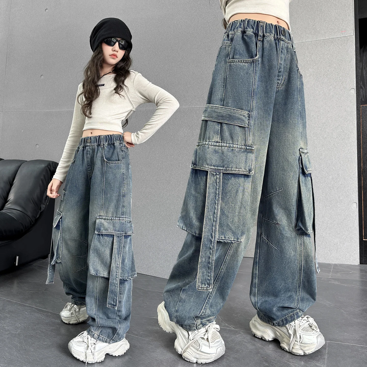 

Girls Jeans Ages 4-14Y Teen Wide Leg Denim Teenage Vintage Trousers Toddler Girl Cargo Denim Daily Bottom Kids Softy Long Pants