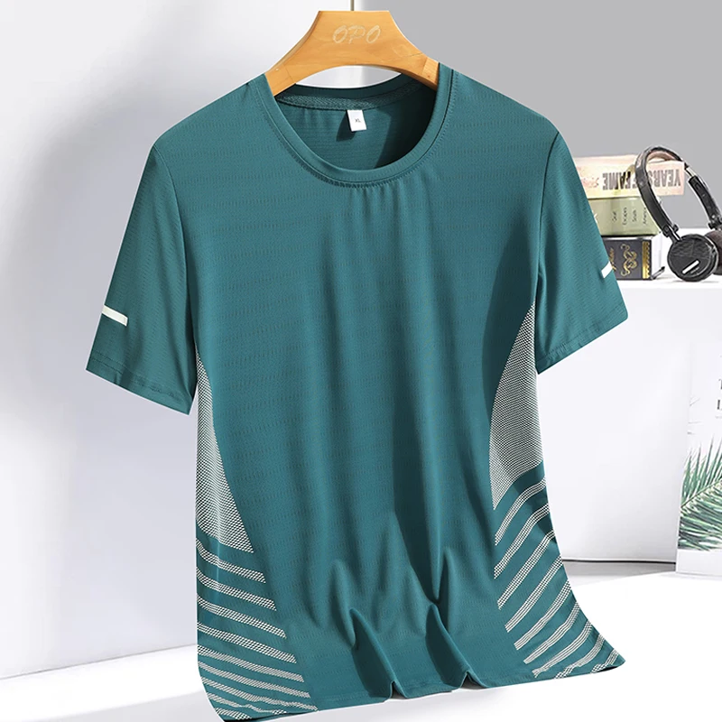 Running T-shirt Men Summer Ice Silk Thin Top Reflective Printing Quick Dry Short Sleeve Breathable Fitness Sports T-shirt 5XL