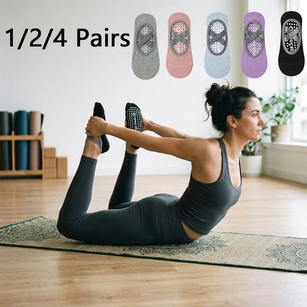 1/2/4 Pairs Yoga Socks, Cross Strap, Full Sole Silicone Grips, Anti Skid Socks for Women, Pilates, Ballet, Home Fitness, Indoor