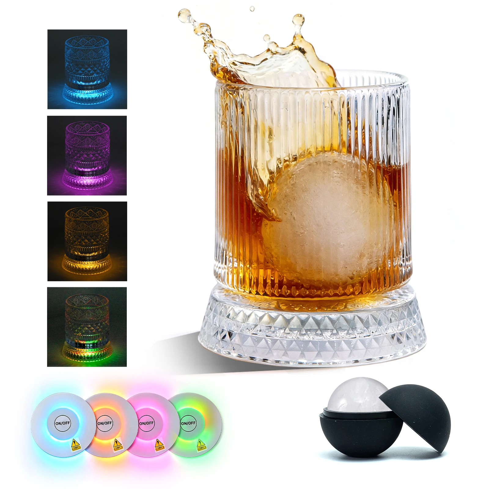Spinning Whiskey Glasses Set with 4 LED Light & Ice Molds, 9.5oz Unique 360 Degree Rotating,Anti-slip Weighted,Ideal for Bourbon Scotch Old Fashioned,Gift for Whiskey Lovers (vertical ribs)