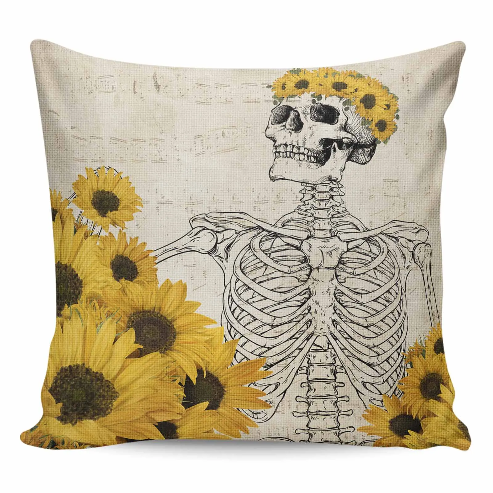 

2/4PCS Waterproof Pillow Cover Skull Sunflower Sheet Music Retro Square Throw Pillowcase Home Decoration Sofa Cushion Cover