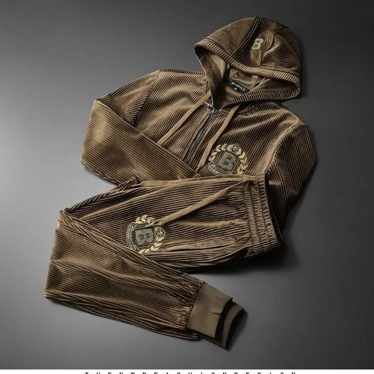 Men\'s Trend Gold Velvet Fashion Suit Hooded Thickened Casual Autumn and Winter New Plus Size Sportswear Two-Piece Set