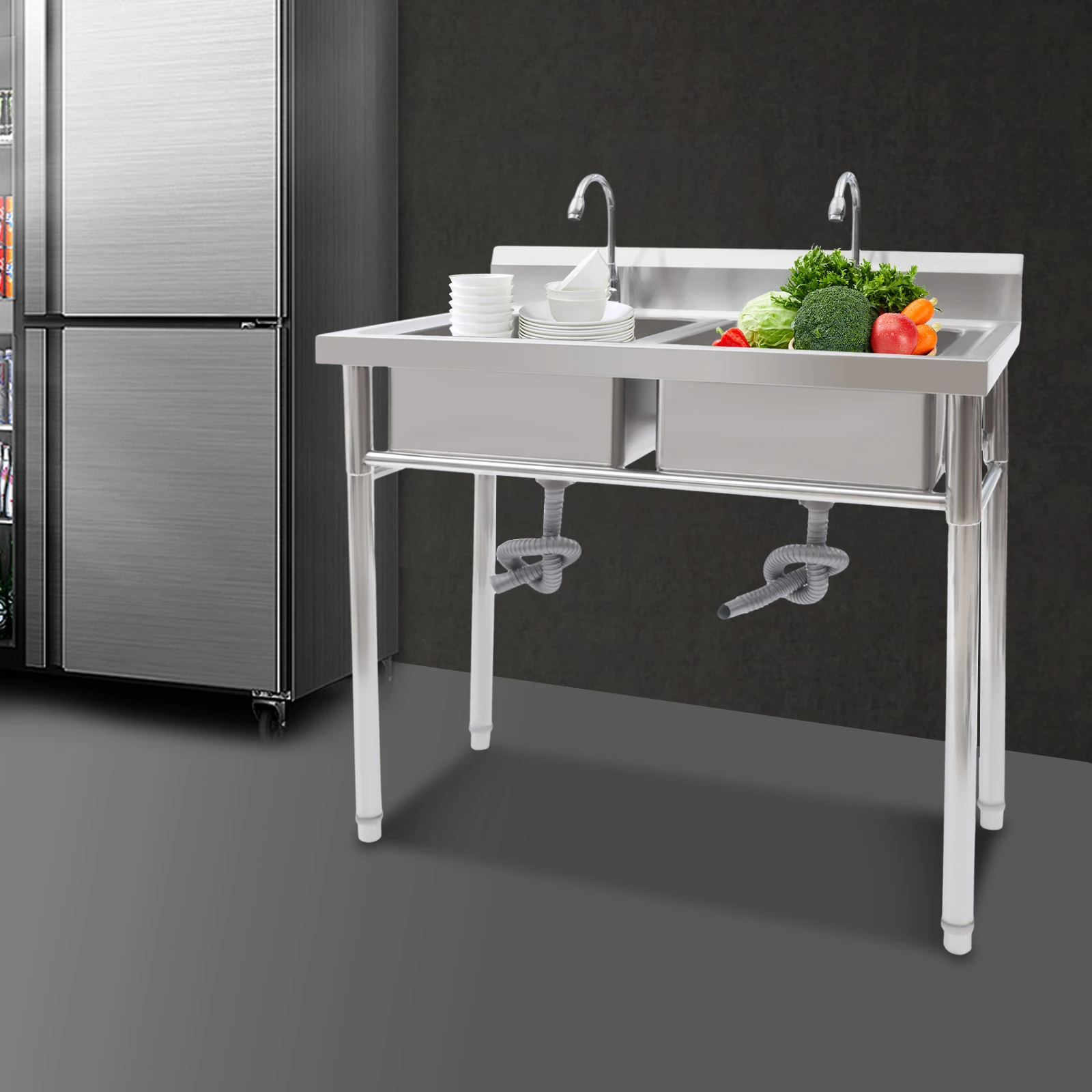 

2 Compartment Commercial Sink w/ Double Faucet Restaurant Sink Stainless Steel