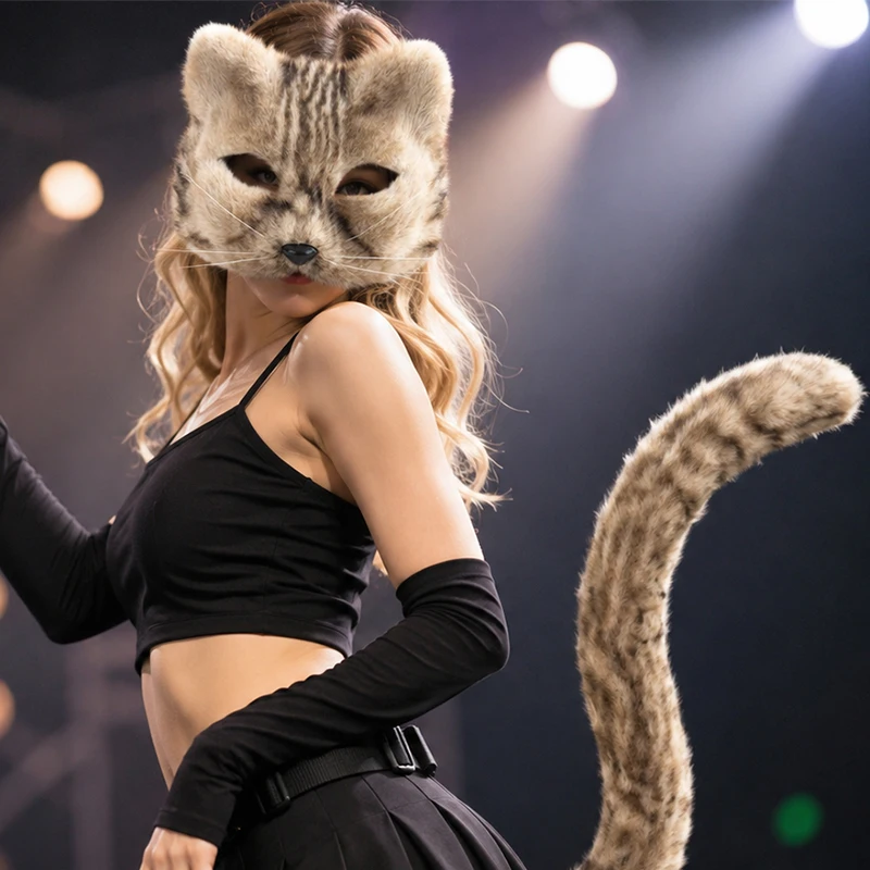 2Pcs Fluffy Fur Tiger Cat Fox Mask Tail Set Halloween Carnival Party Cosplay Costume Accessories Theme Party Dress Up Props