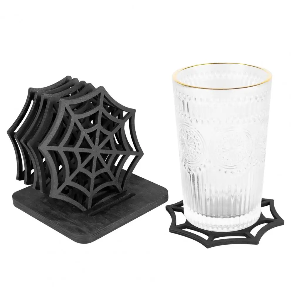 Halloween Home Decor Accessory Set of 6 Halloween Spider Web Coasters Wooden Table Placemats for Home Decor Festive Halloween