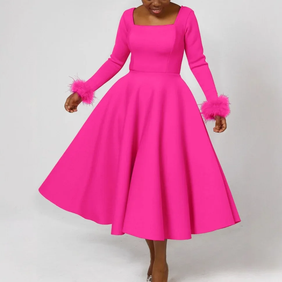 

2026 Spring Summer African Women Long Sleeve Square Collar Solid Color Party Evening Pleated Midi Dress Dashiki Africa Clothing