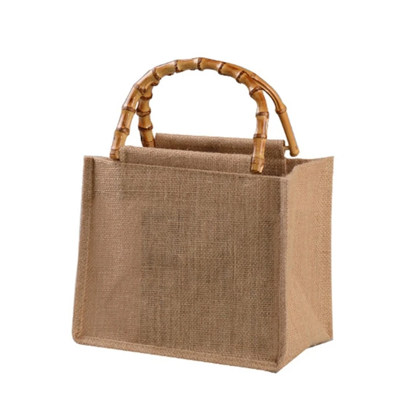 Portable Burlap Jute Shopping Bag Handbag Bamboo Loop Handles Reusable Tote Grocery Bags